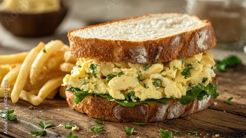 Wallpaper Mural Scrumptious egg salad sandwich served with golden fries on rustic wooden board culinary delight close up Torontodigital.ca