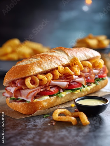 Wallpaper Mural Delicious Submarine Sandwich Delight with Ham and Curly Fries on a Craft Paper Tabletop View Torontodigital.ca