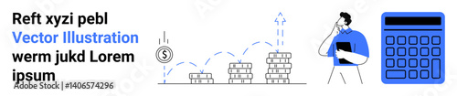 Businessman examining upward coin stacks and arrows representing financial success. Icons include a dollar coin, graph, and calculator. Ideal for budgeting, accounting, investment, growth strategy