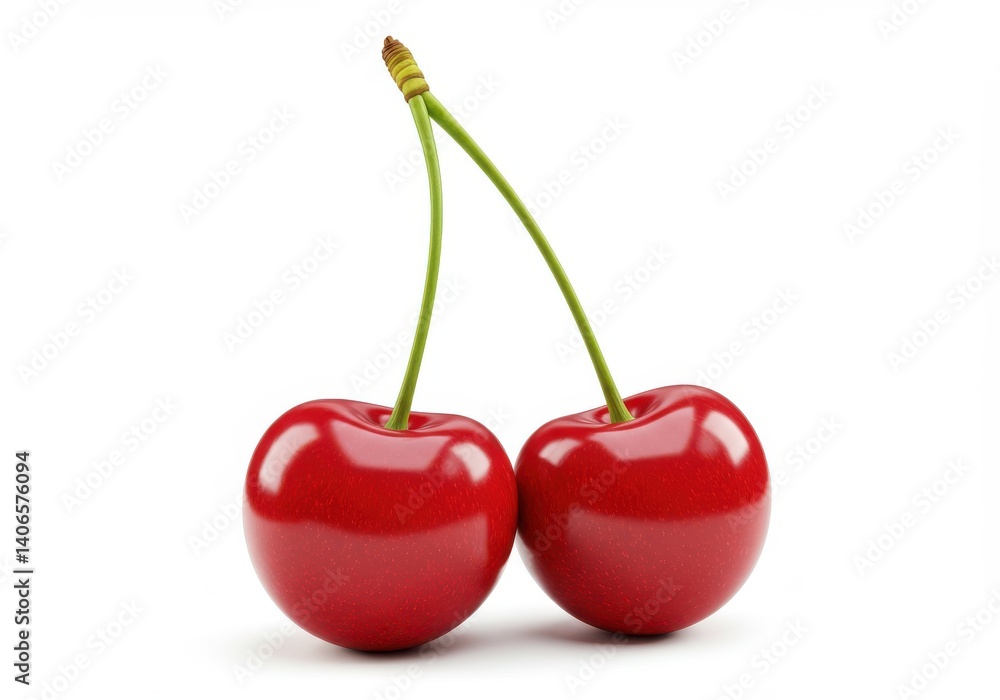 Two red cherries with stems isolated on white background Two red cherries with stems isolated on white background