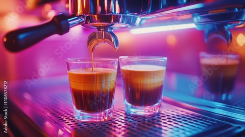 Espresso machine pouring shots, cafe, neon