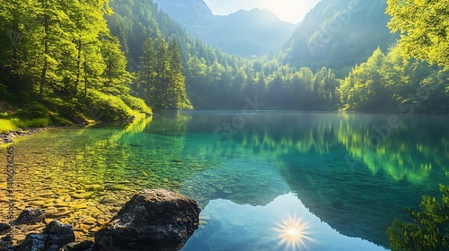 Fototapeta Naklejka Na Ścianę i Meble -  Crystal clear alpine lake surrounded by lush green forest and mountains on a sunny day
