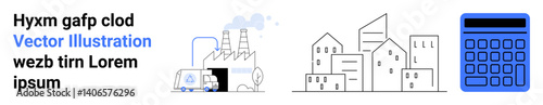 Factory emitting smoke near city buildings and blue calculator. Ideal for industry, pollution, economy, finance, business planning, sustainability, simple landing page