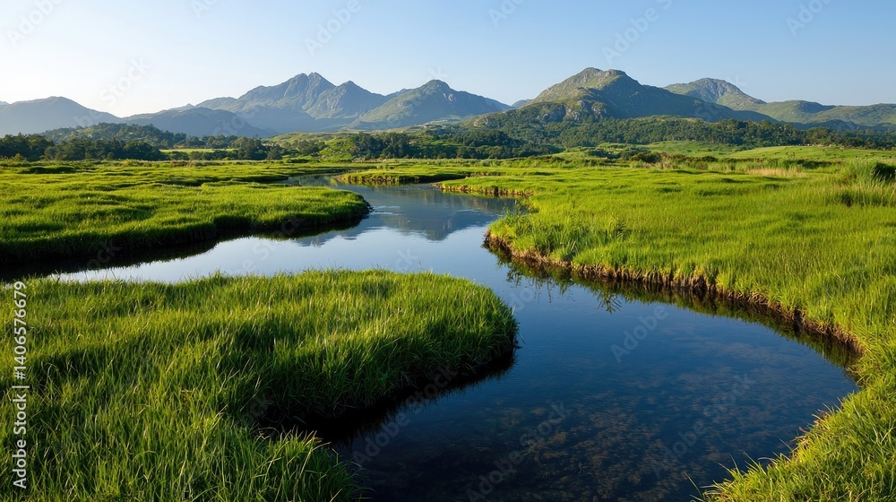 Fototapeta premium Serene River Winding Through Lush Meadows, Mountains in the Background