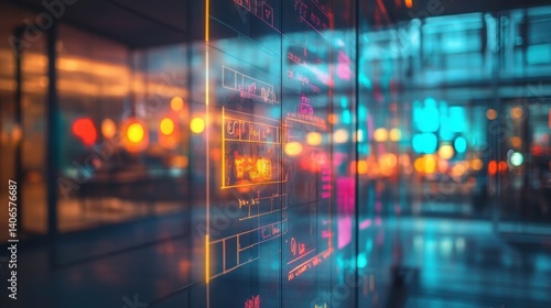 A futuristic, illuminated digital display reflects vibrant colors and abstract patterns in a modern, sleek environment.