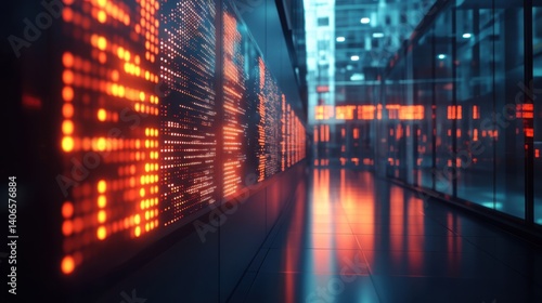 A modern hallway featuring illuminated digital displays with vibrant orange and blue lights, creating a futuristic atmosphere.
