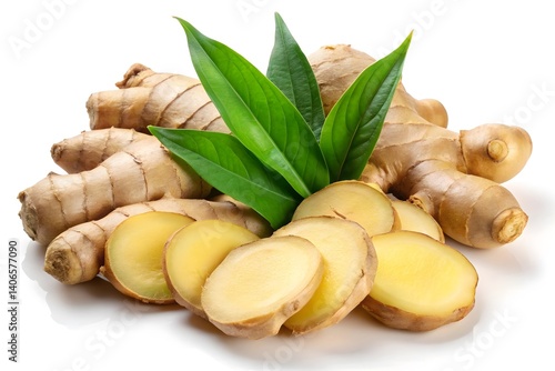 Fresh Ginger Root with Slices and Leaves, Perfect for Health and Wellness Stock Photos