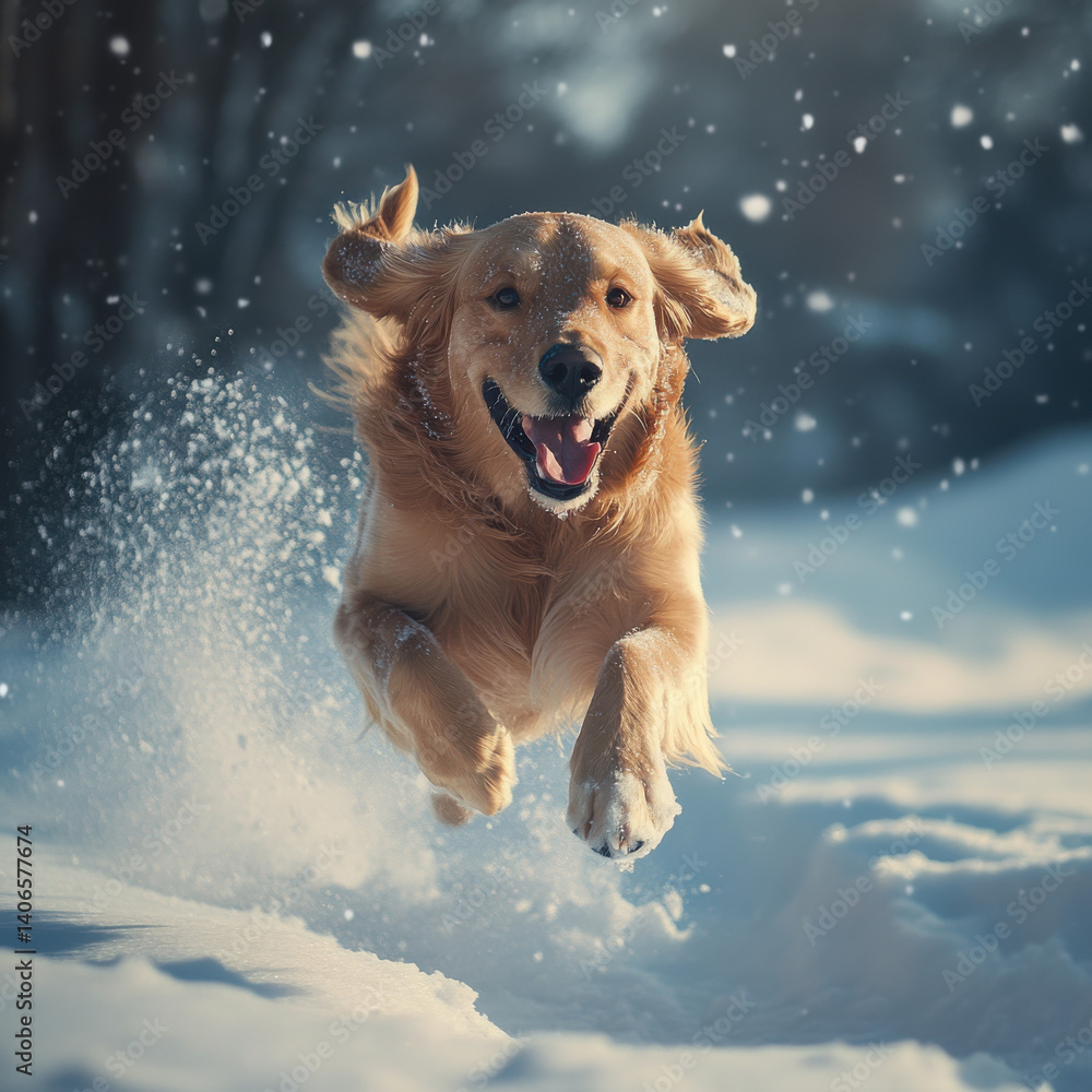 Golden Retriever with snow-covered fur, running happily through a winter wonderland, crisp cold air, cinematic lighting, hyper-detailed, UHD 8K Golden Retriever with snow-covered fur, running happily through a winter wonderland, crisp cold air, cinematic lighting, hyper-detailed, UHD 8K