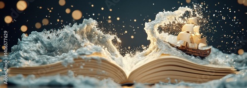 A book lies open, and from its pages, a stunning ocean emerges, complete with crashing waves and a majestic sailing ship. This enchanting scene evokes a sense of wonder and adventure