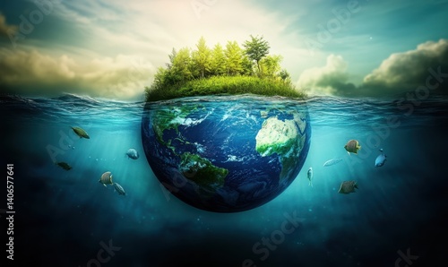 Lush island atop submerged Earth, ocean life; environmental awareness campaign