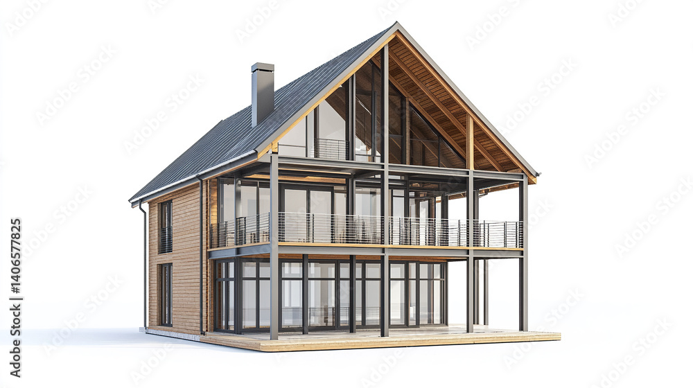 Modern steel frame house with large windows and wooden accents