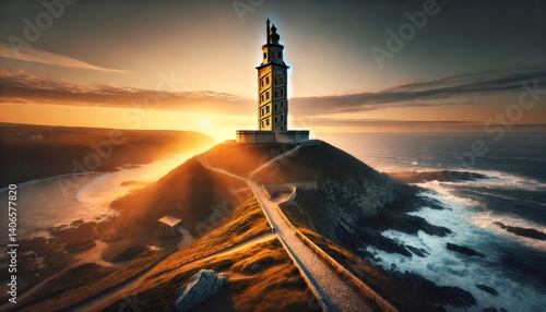 Hercules tower shining during golden sunset over atlantic ocean in galicia