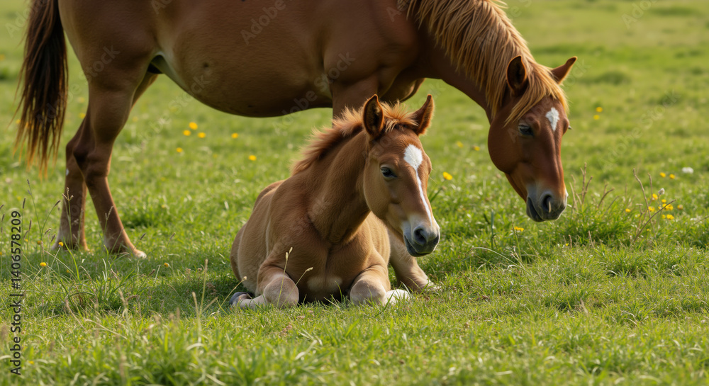 Mother horse with foal resting on green meadow with yellow wildflowers. Family bonding in equine farming and animal husbandry education Mother horse with foal resting on green meadow with yellow wildflowers. Family bonding in equine farming and animal husbandry education