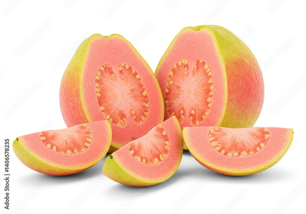 Halved and sliced guavas isolated on white background Halved and sliced guavas isolated on white background