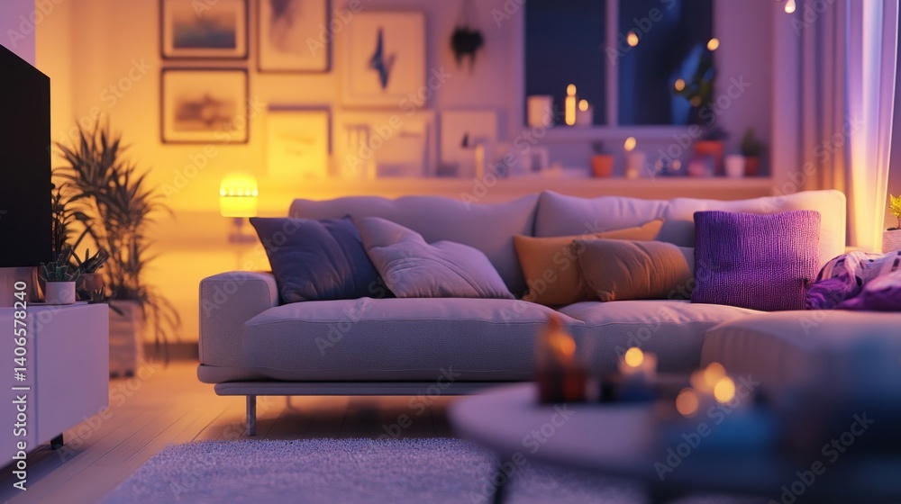 A cozy modern living room with soft lighting, a light-colored sofa, and a few decorative plants.