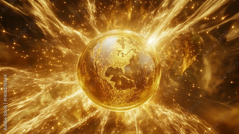 Immense Golden Globe with Fantasy Explosion of Wealth and Light