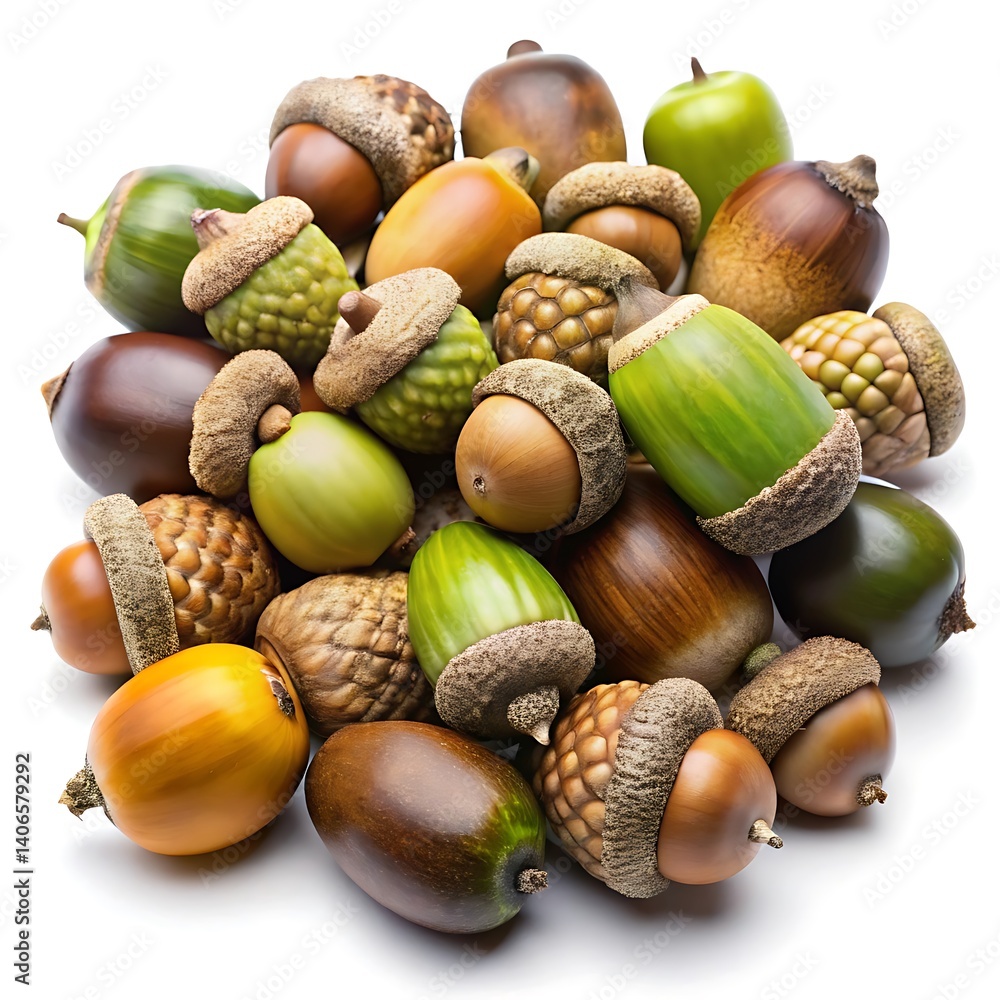 a collection of acorns with varying shades of brown and green on white background a collection of acorns with varying shades of brown and green on white background