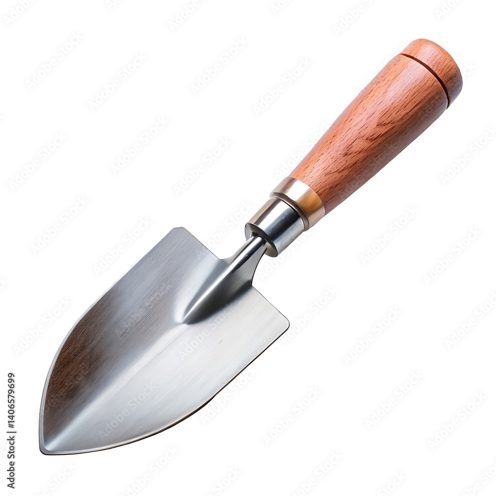 a garden trowel with a wooden handle and a metal blade on white background a garden trowel with a wooden handle and a metal blade on white background