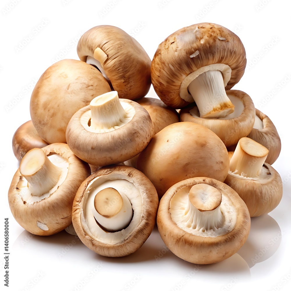 a group of mushrooms, both whole and sliced on white background a group of mushrooms, both whole and sliced on white background