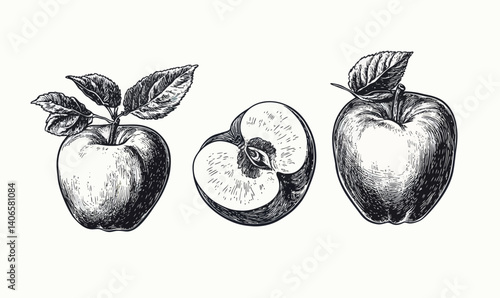 Vintage Hand Drawn Apple Illustrations in Engraving Style for Rustic Design