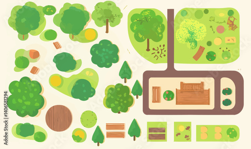 Minimalist City Top View with Trees, Roads, and Furniture Vector Set for Urban Planning