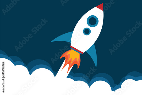 Launching soon flat style rocket in space sign web template banner