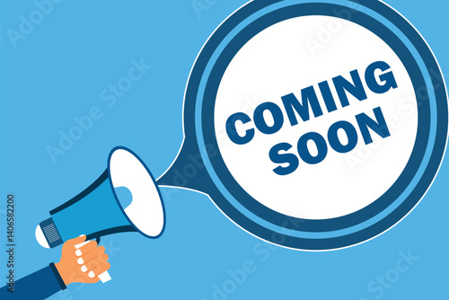 Hand holding megaphone with coming soon speech bubble