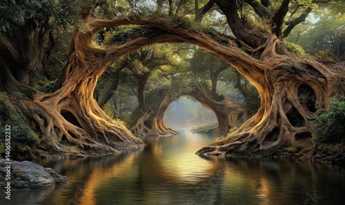 Magical forest river, arched trees, misty morning, serene landscape, fantasy art photo