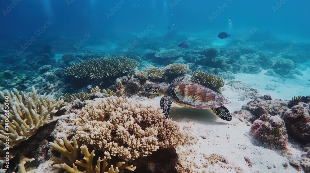 Fototapeta premium A serene underwater landscape with a sea turtle gliding over vibrant coral formations, exuding tranquility and the beauty of marine life.