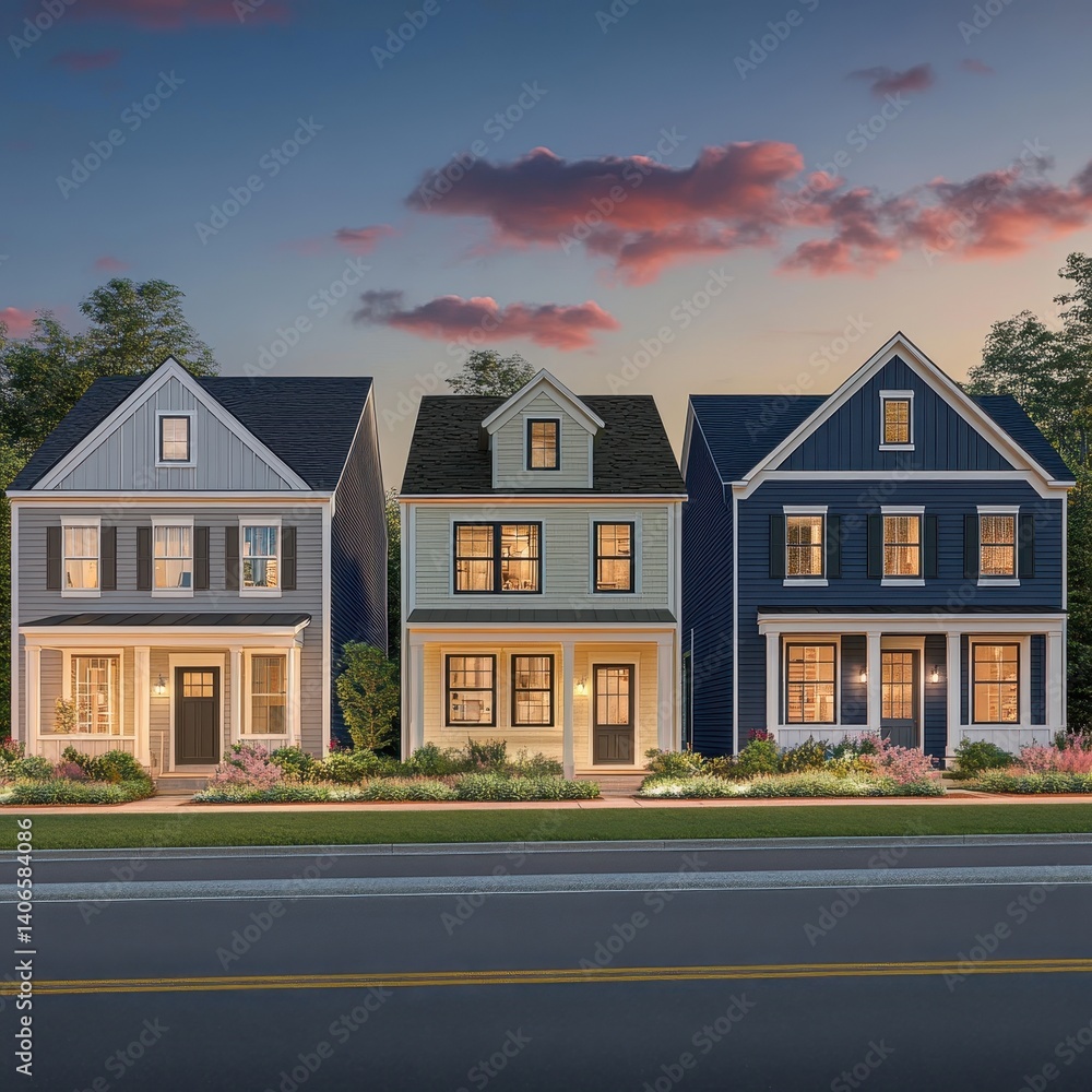 Row of charming townhouses at dusk Row of charming townhouses at dusk