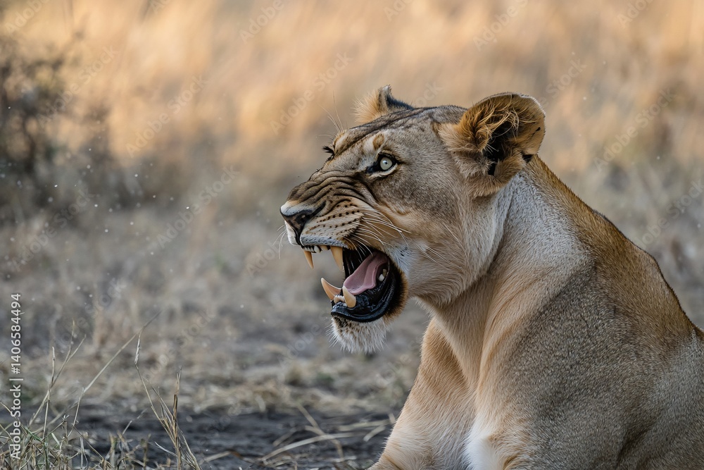 Naklejka premium Close-Up of an Angry Lioness Roaring in the Rain with Sharp Teeth Exposed. Generative AI