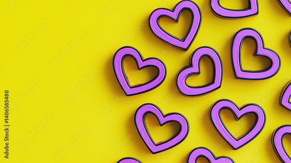 Obraz premium A minimalist design of interlocking electric purple hearts in bold outlines, placed on a vibrant lemon yellow background for a striking contrast.