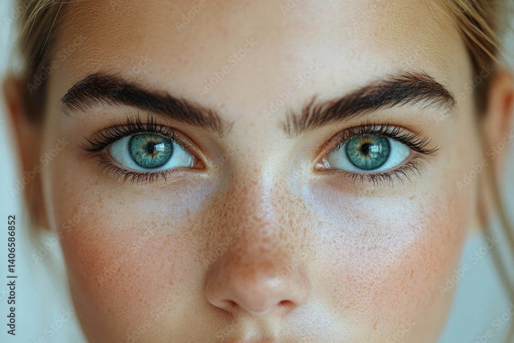 Fototapeta premium Close-up shot of eyes and face, showing clear skin with visible freckles, focusing on the vibrant eye color