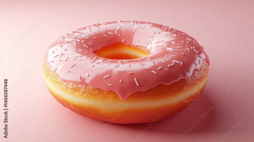 Obraz premium A delicious pink frosted donut with sprinkles sits against a soft pastel background, inviting sweet indulgence.