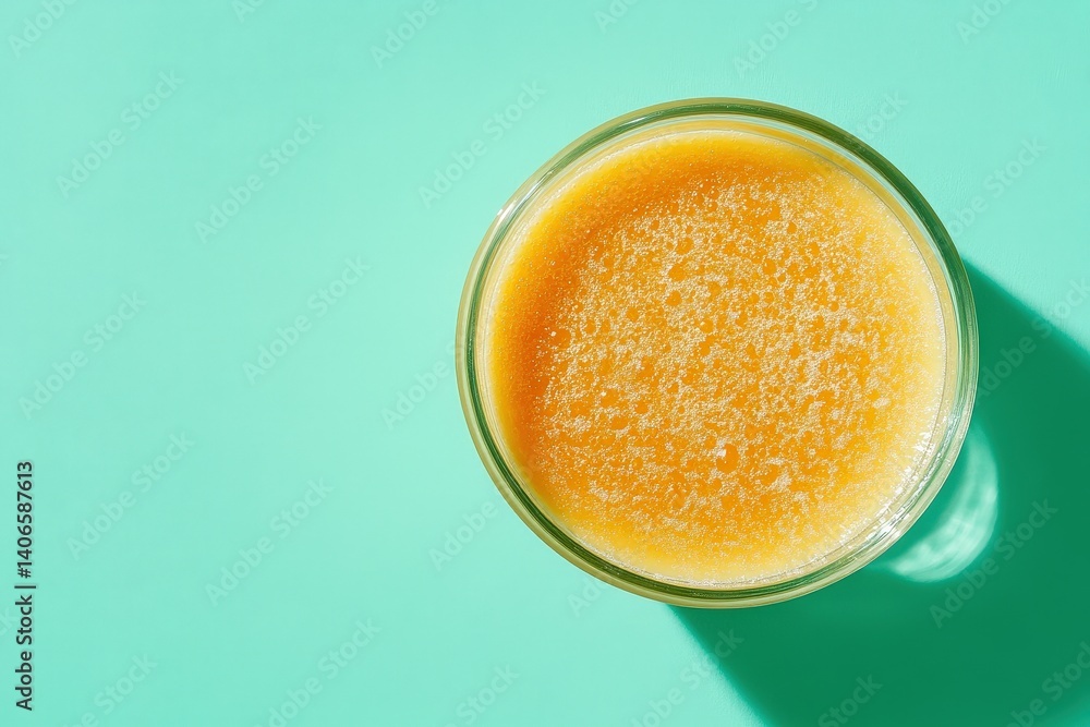 Top-down view of a glass of smooth, orange smoothie. Top-down view of a glass of smooth, orange smoothie.