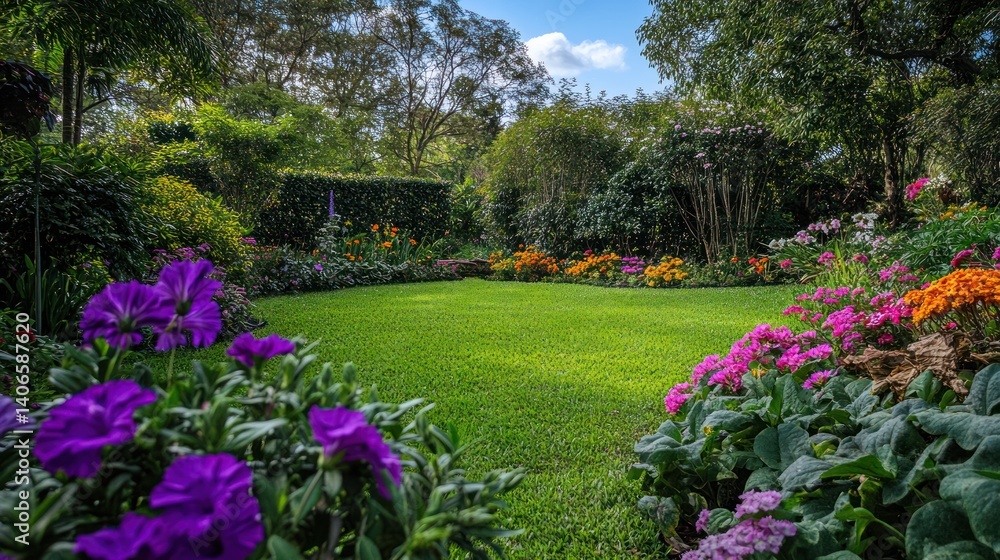Vibrant floral splendor in serene garden, showcasing lush greenery and colorful bloom Vibrant floral splendor in serene garden, showcasing lush greenery and colorful bloom
