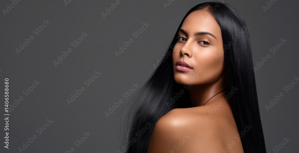 A serene portrait of a model with long, sleek black hair against a gray backdrop, embodying elegance and calm sophistication. A serene portrait of a model with long, sleek black hair against a gray backdrop, embodying elegance and calm sophistication.