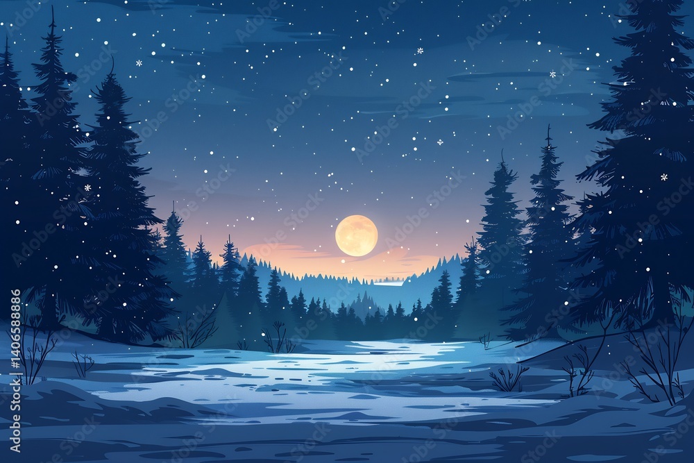 Fototapeta premium Winter solstice snowy landscape starry night sky pine trees frost cool blue and white palette
