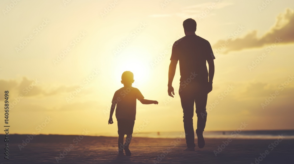 Silhouette of father and son walking along the beach at sunrise, illustrating a tender, familial bond. Silhouette of father and son walking along the beach at sunrise, illustrating a tender, familial bond.