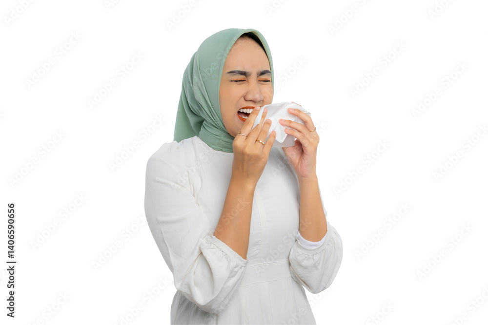 Sick young Asian woman in green hijab and white blouse sneezing into paper tissue isolated on transparent background Sick young Asian woman in green hijab and white blouse sneezing into paper tissue isolated on transparent background