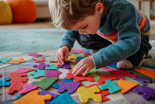Child assembling colorful floor puzzle pieces — a fun and engaging activity to promote cognitive development and fine motor skills through hands-on learning.

