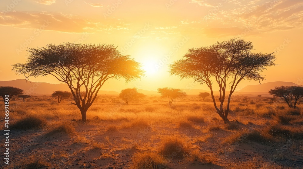 Traditional Middle Eastern Landscape at Sunrise with Silhouetted Trees Traditional Middle Eastern Landscape at Sunrise with Silhouetted Trees