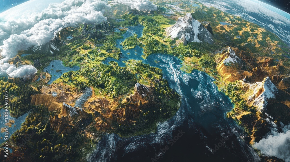 Spectacular panoramic view showcasing Earth's diverse terrain and natural features Spectacular panoramic view showcasing Earth's diverse terrain and natural features