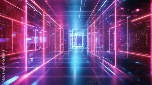 A futuristic digital corridor illuminated with vibrant neon lights, creating a sense of depth and movement.