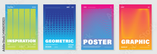 Modern gradient poster background vector set.Cover template with vibrant perspective geometric prism shapes in motion. Ideal design for social media, cover, banner, flyer.