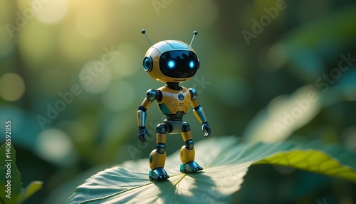 Palm-Sized Robot on a Leaf – Futuristic Micro Robot Ready to Activate, Vibrant Colors & Soft Glow, Robotics and Environmental Sustainability: Analyze how robotics can contribute to environment