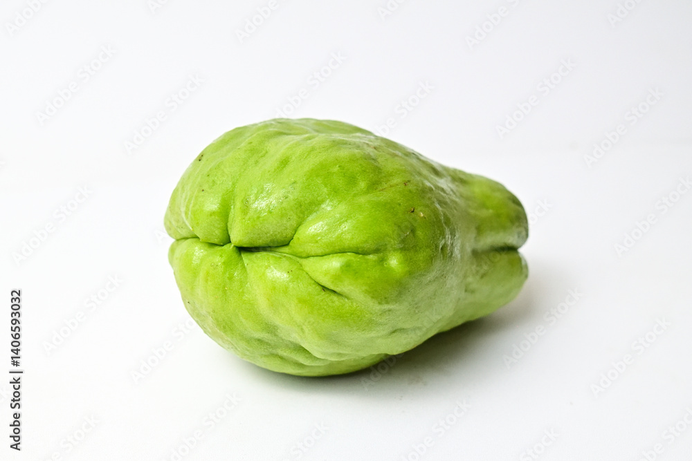 Close up view of chayote isolated on white background. Clipping path. Green. Fresh. Close up view of chayote isolated on white background. Clipping path. Green. Fresh.