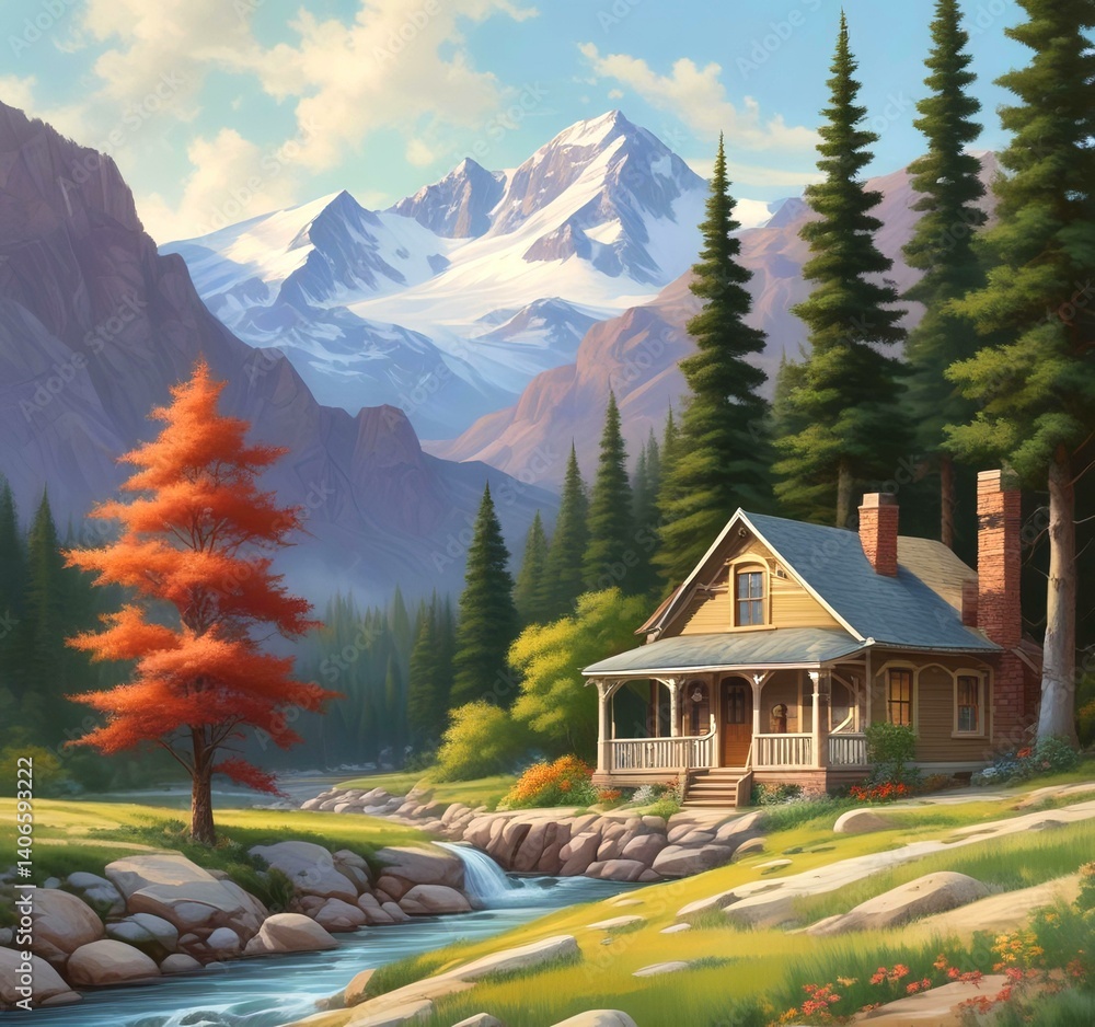 Fototapeta premium Illustration of spring season landscape with cottage and mountain.