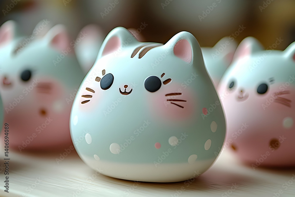 Adorable 3D Render of Pastel Cat Figurines on Wooden Surface Adorable 3D Render of Pastel Cat Figurines on Wooden Surface