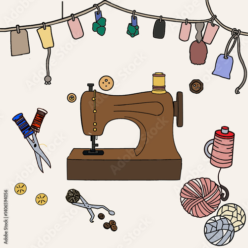 Sewing tools and tailor needlework accessories. Sewing project tools and equipment. Vector coloring page.Coloring Page, Sewing Machine, Adult And Children'S Coloring Book Depict My Image